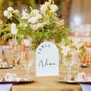 JINMURY White Arch Wedding Table Numbers 1-15 with Stands, 5x7 Inch Acrylic Arch Sign with Black Lettering, White Acrylic Table Numbers for Wedding Reception