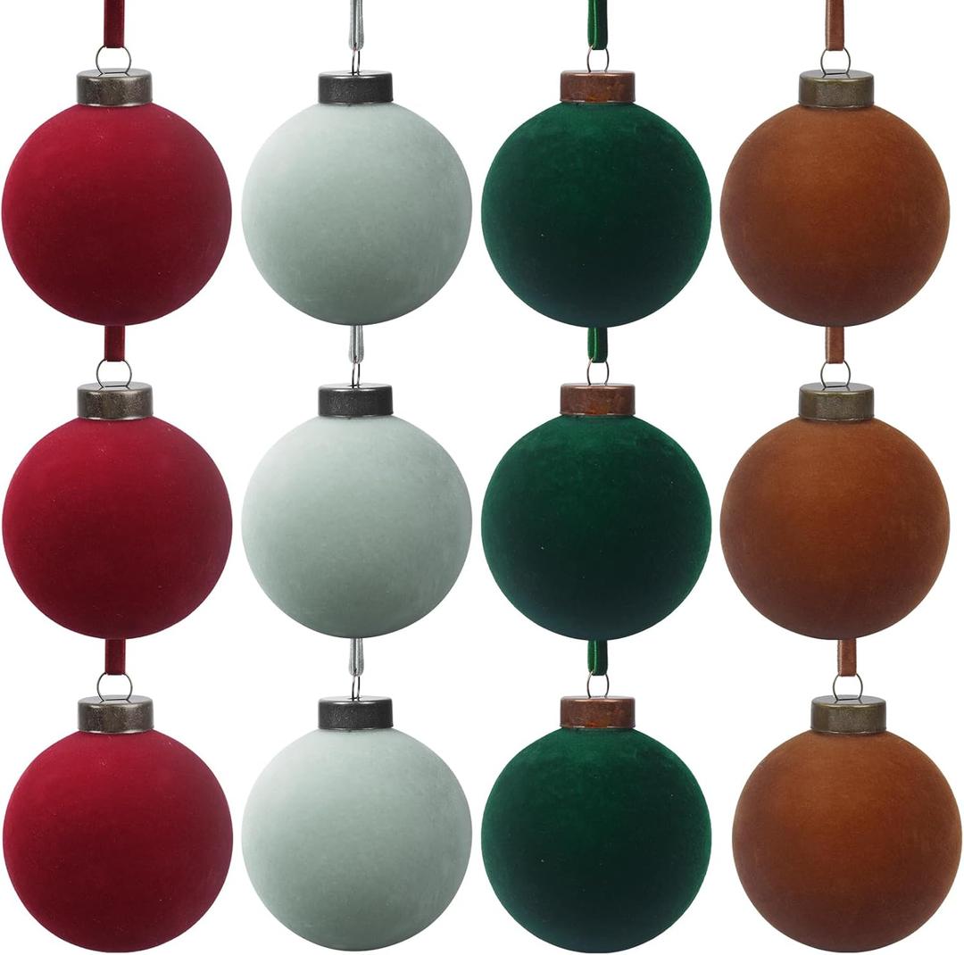 12 Pcs Velvet Christmas Balls Bulk Shatterproof Plastic Christmas Tree Decorations for Decorative Hanging Baubles (12, Wine redHaze BlueBlackish GreenBrown, 3.94Inch)