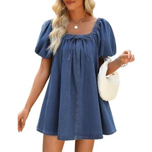 Denim Dress for Women, Puff Short Sleeve Jean Dress Square Neck Denim Romper with Pockets (X-Small)