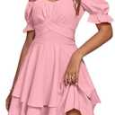 LYANER Women's Tie Back Off Shoulder Wrap Layer Ruffle Short Sleeve Mini Dress, Pink XX-Large