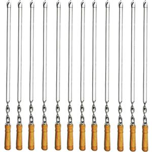 Amestar 12 Pack Kabob Skewers BBQ Barbecue Skewers Stainless Steel Sticks 23.5 Inch Heavy Duty Large Wide Reusable with Nonslip Wooden Handle Ideal for Shish Kebab Chicken Shrimp and Vegetables