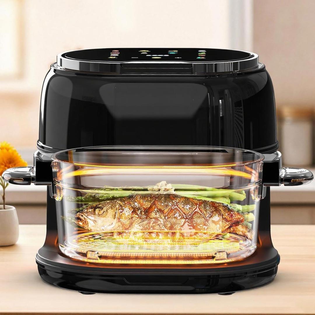 6.5QT Visible Glass Air Fryer, 8-in-1 Long Tray Design with 360 Viewing Window, Digital Touchscreen, Fries, Cake, Defrost, Chicken Wings, Dishwasher Safe, Oil-Less Oven, Black 