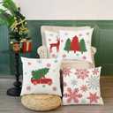 CaliTime Christmas Throw Pillow Covers Decorative 18 X 18 Inches Set of 4 Cozy Fleece Trees Deers Car Snowflakes Cushion Cases for Couch Sofa Bed Living Room Farmhouse Christmas Red Green