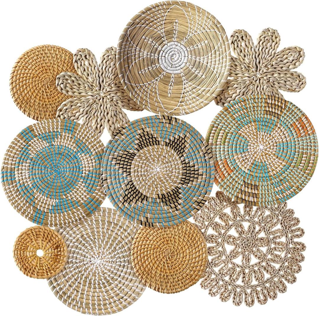 11 Pcs Boho Hanging Wall Basket Decor Handmade Woven Basket Wall Decorative Boho Wicker Baskets Placemats Round Farmhouse Bulrush Art for Rustic Home Decorations Christmas Gift(Bright)