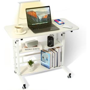 BYMECOST Adjustable Height Student Computer Desk with Foldable LED Desk Lamp, Mobile Laptop Table for Home Office, 31.5" Small Spaces Standing Desk on Wheels with Storage for Bedside Sofa (Lamp-white)