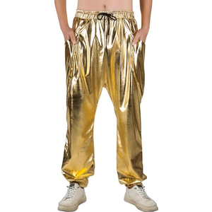 Mens Metallic Pants Disco Outfit Drawstring Waistband Rave Trousers Sequin Joggers with Pockets (Large, Gold Metallic)