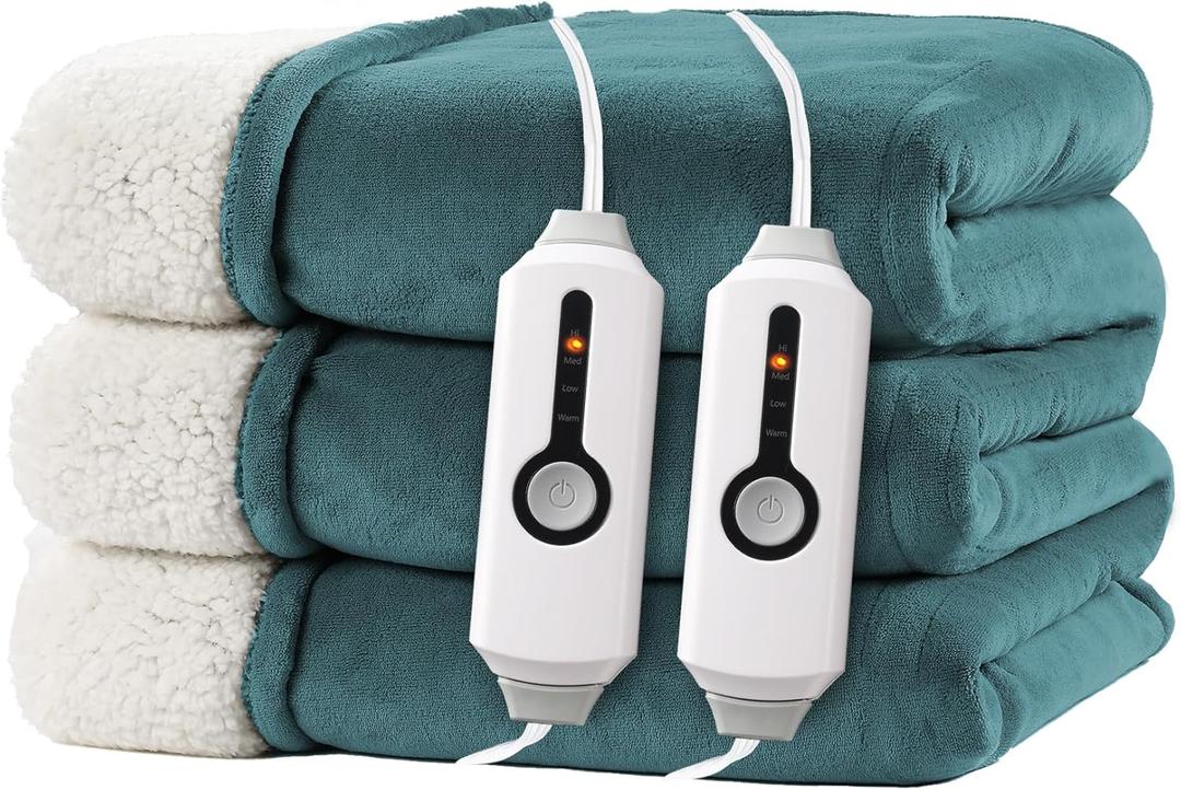 Electric Heated Blanket Queen Size 84"x90" - Dual-Sided with Microplush & Sherpa Fabric, 4 Heat Settings & 10 Hours Auto Off, Dual Controller, Machine Washable - Teal