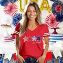 ALLTB America Flag Shirt Women Sequin Stars Freedom T-Shirt Red White and Blue Shirts 4th of July V Neck Tops (Red, S)