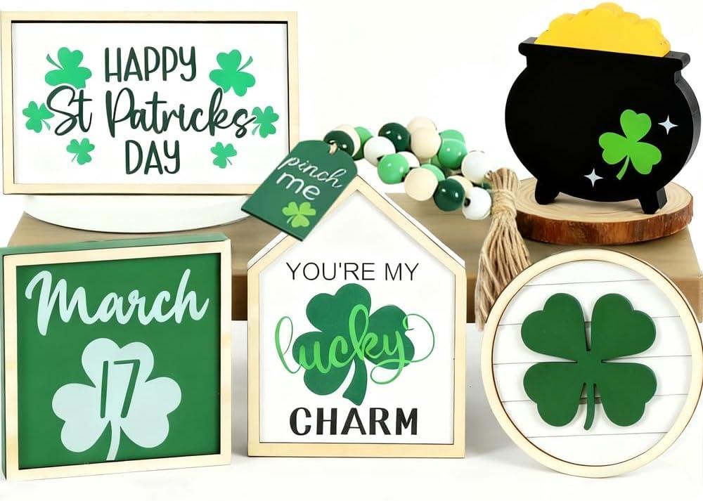 Patrick's Day Tiered Tray Decor Set, 6PCS St. Patrick's Day Decorations Bead Garland Luck Shamrock Wooden Signs for Home Kitchen Decorations