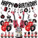 Crenics Rock and Roll Birthday Party Decorations - Happy Birthday Banner, Hanging Swirls, Cake Toppers and Balloons for Music Rock & Roll Party Supplies