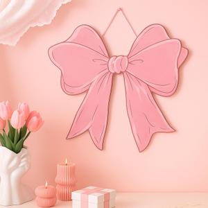 Pink Bow Wooden Hanging Sign Coquette Bow Wall Hanging Hanger Cute Preppy Wall Art Bowknot Welcome Door Sign Girly Decor for Girls Room College Dorm Apartment Indoor Outdoor Porch