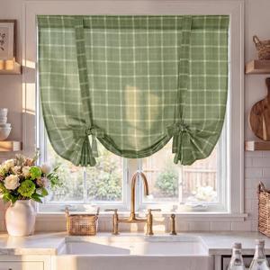 NICETOWN Tie Up Curtains for Windows with Green Plaid, Roman Shade for Bathroom Privacy, Farmhouse Kitchen Curtains Length Adjustable, Linen Blend Light Filtering Balloon Shade, W46 x L63 in, 1 Panel