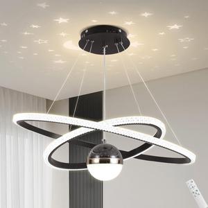 My Precious Modern Chandelier, Dimmable LED Chandelier with 3 Color Temp, Hanging Pendant Light for Kitchen Island, Modern Chandliers for Dinning Room, Bedroom, Living Room (2R(15.8*23.6 Inch), Black)