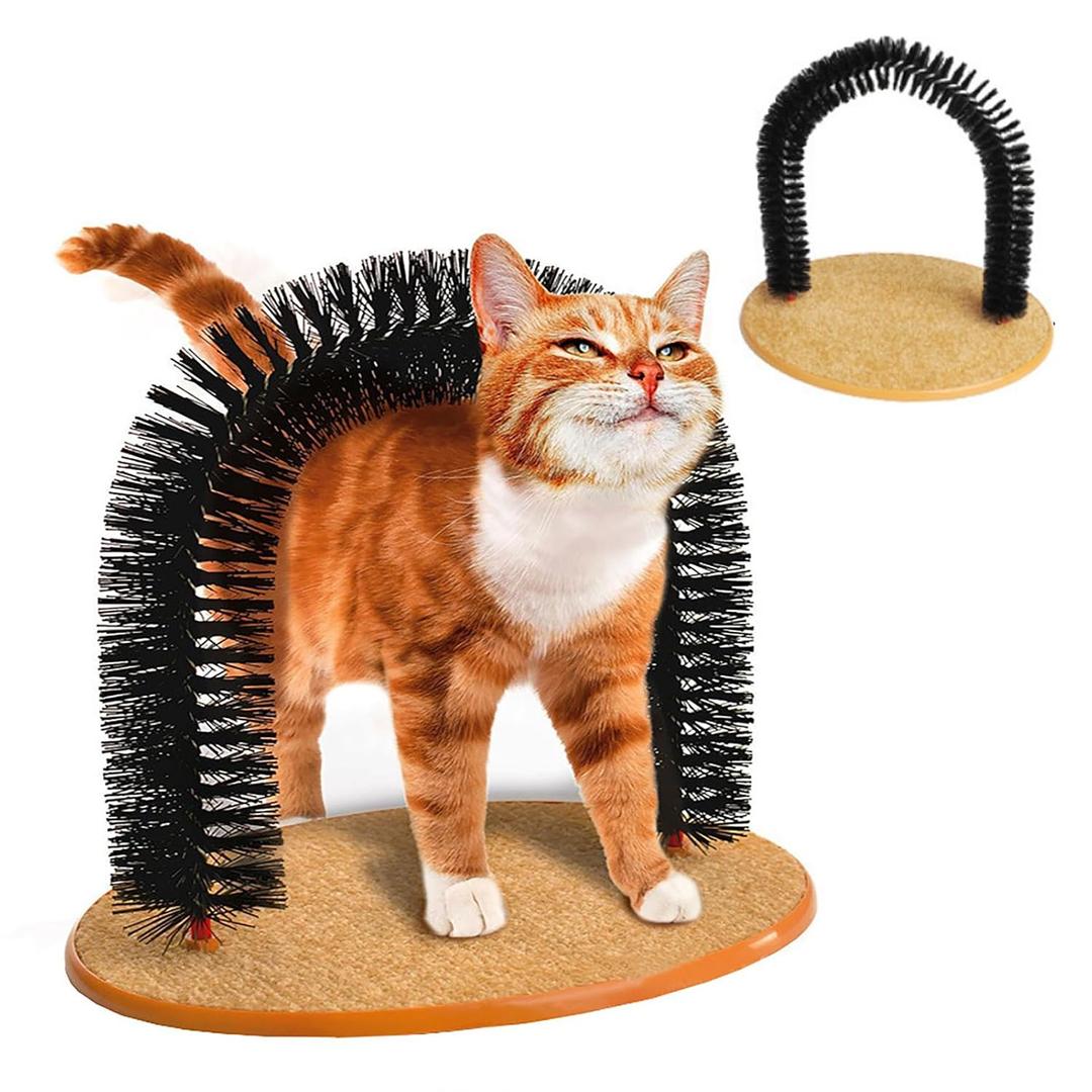 Cat Arch Grooming Brush, Self Groomer wtih Solid Wood Scratching Pad Rubbing Post & Toy with Mini Mouse Pet Scratchers Fur Massager Cat Face Head Self Grooming Brush for Kittens Small Cats (Black)