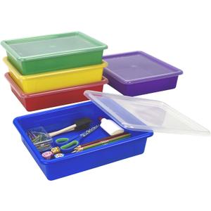 Storex Letter Size Flat Storage Tray  Organizer Bin with Non-Snap Lid for Classroom, Office and Home, Assorted Colors, 5-Pack (62534A05C) (10 x 13 x 3 Inches)
