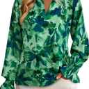 MASCOMODA Womens V Neck Floral Long Sleeve Tops 2025 Summer Casual Loose Puff Sleeve Chiffon Boho Work Blouse Dressy T Shirts (Green, L)