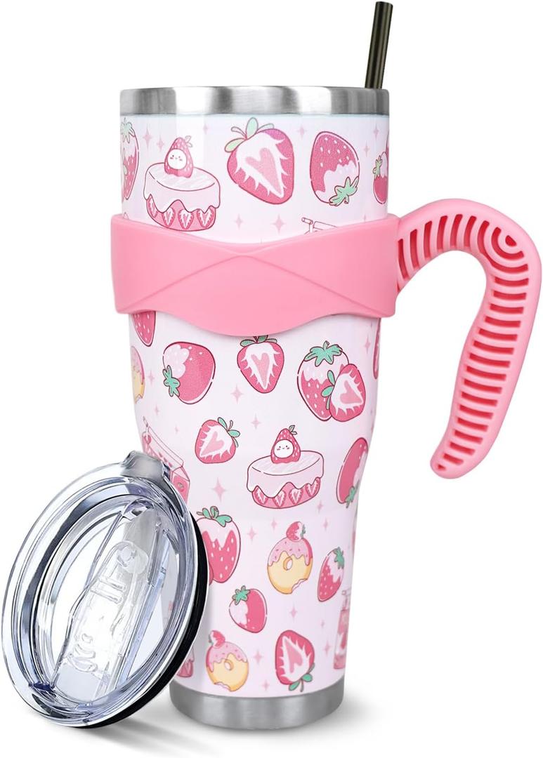 Strawberry 40 Oz Tumbler with Handle and Straw, Cute Stainless Steel Vacuum Insulated Tumbler Iced Coffee Cup Water Bottle Travel Mug, Strawberry Gifts for Women Decor Stuff Pink
