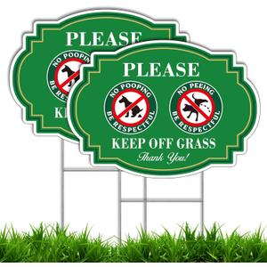 2 Pack Keep Off Grass Sign with Metal H-Stake, 14"X10" Dog Signs No Pooping and Peeing, be respectful to your lawn yard, Double Sided, Corrugated Plastic, Waterproof, Outdoor Use