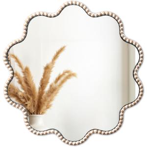 SUMGAR Wall Mirror Decor Boho Farmhouse White Round Circle Flower Wavy Wood Framed Mirror Decorative for Entryway Bathroom Bedroom Living Room Beauty Aesthetic 1515 Inch HD Glass