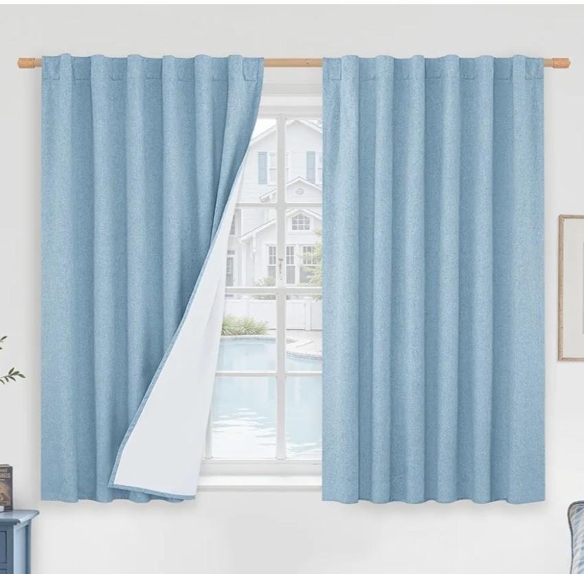 LAMIT Full Blackout Window Curtains for Boy Bedroom, 54 Inches Thermal Farmhouse Curtains Back Tab and Rod Pocket Privacy Protected Panels with White Liner, 2 Panels, 52 x 54 Inch, Stone Blue