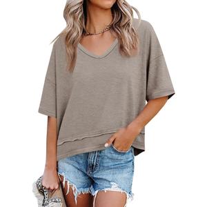 Cicy Bell Womens Summer V Neck T Shirts Casual Short Sleeve Flowy Tops Cute Loose Fit Basic Tees (Beige, L)