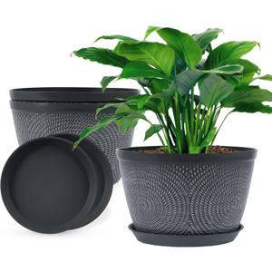 Quarut 10 Inch Flower Pots Planters for Outdoor Indoor, 3 Pack Plastic Plant Pots with Drainage Hole & Tray, Modern Decorative Garden Pot with Saucer, planters for House (Gray)