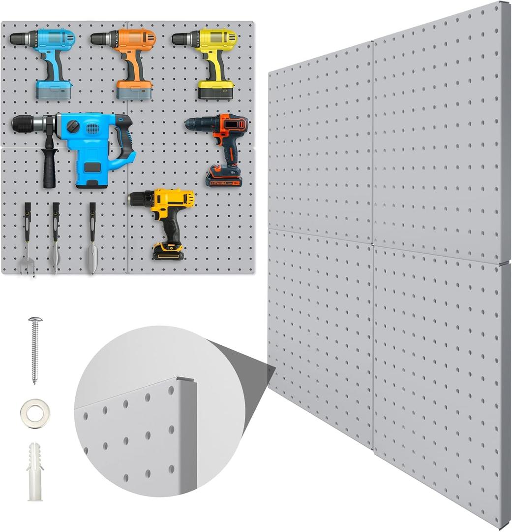 Peg Board, 4 Pack Metal Pegboard Panels Grey Pegboards Wall Organizer with Bent Frame Large Heavy Duty Peg Board for Walls Home, Garage Tool Storage, Office Organization, Craft Room, Kitchen (Gray)