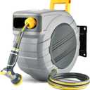 GLAHODEN Retractable Garden Hose Reel 5/8 in x 115 ft with Metal Bracket, 2025 Upgraded Dual Ratchet Lock UV & Freeze Protection Brass Seal Slow Retraction Anti-Tangle Hose 180 Swivel
