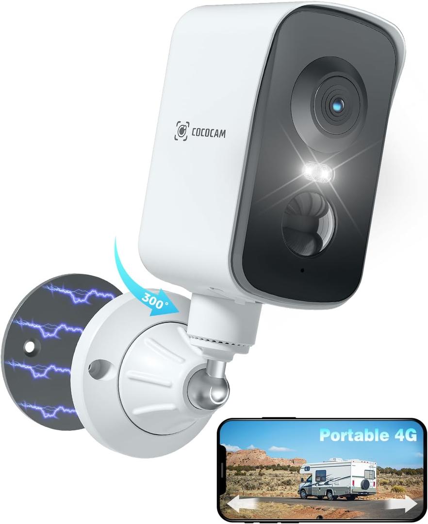 COCOCAM 4G Portable Magnetic Cellular Security Camera Wireless,2K Indoor/Outdoor Camera for RV/Camping/Travel, 300Pan,10000Ahm Battery, PIR&AI Human Detection,IP66, Built-in SIM Card (NO WiFi)