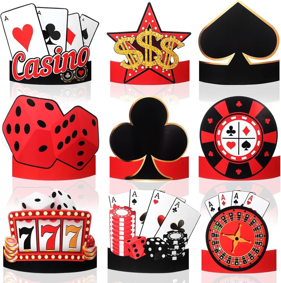 24 Pcs Party Hats Paper Headbands Crown, Birthday Party Decoration Favors(Red,Casino Night)