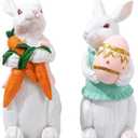 PEACELOVER Easter Bunny Figurines Hand Painted, Resin Bunny Statues Weather Resistant, 4.72 Rabbit Statue Decor Tabletop Ornament Set of 2 with Carrots and Eggs(White Set)