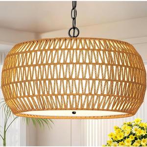 5-Light Rattan Chandeliers for Dining Room, 18.9" Farmhouse Boho Chandelier Light Fixture for Kitchen Island, Hand Woven Chandeliers, Rattan Coastal Hanging Pendant Light for Bedroom Living Room