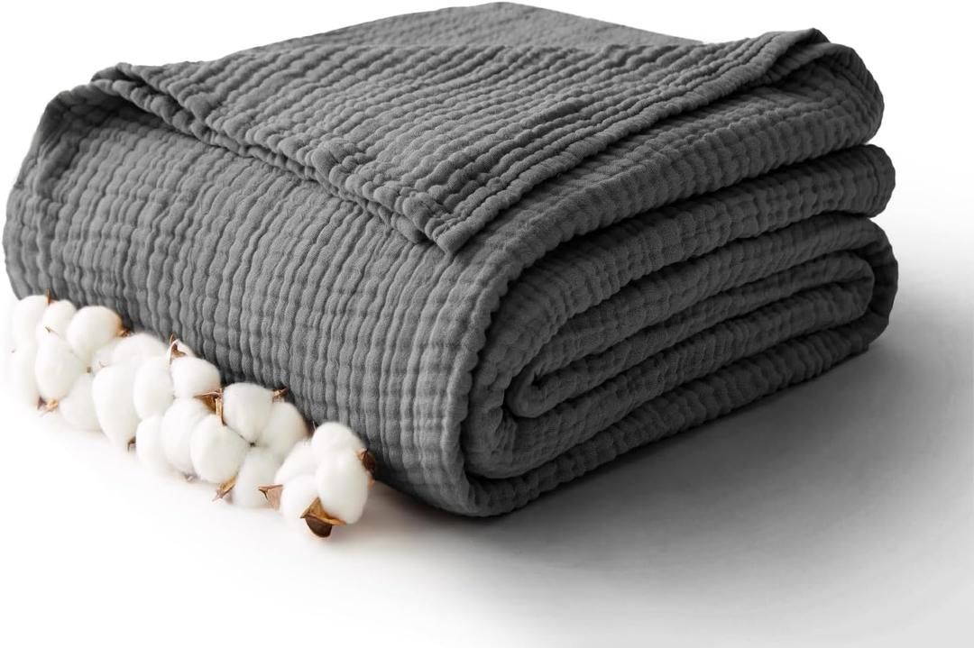 100% Cotton Muslin Blanket Twin 66" x 90", Breathable and Lightweight Cotton Twin Blankets for Couch, Soft Cooling Summer Gauze Blanket for Adults All Season, Charcoal Grey (03 - Dark Grey)
