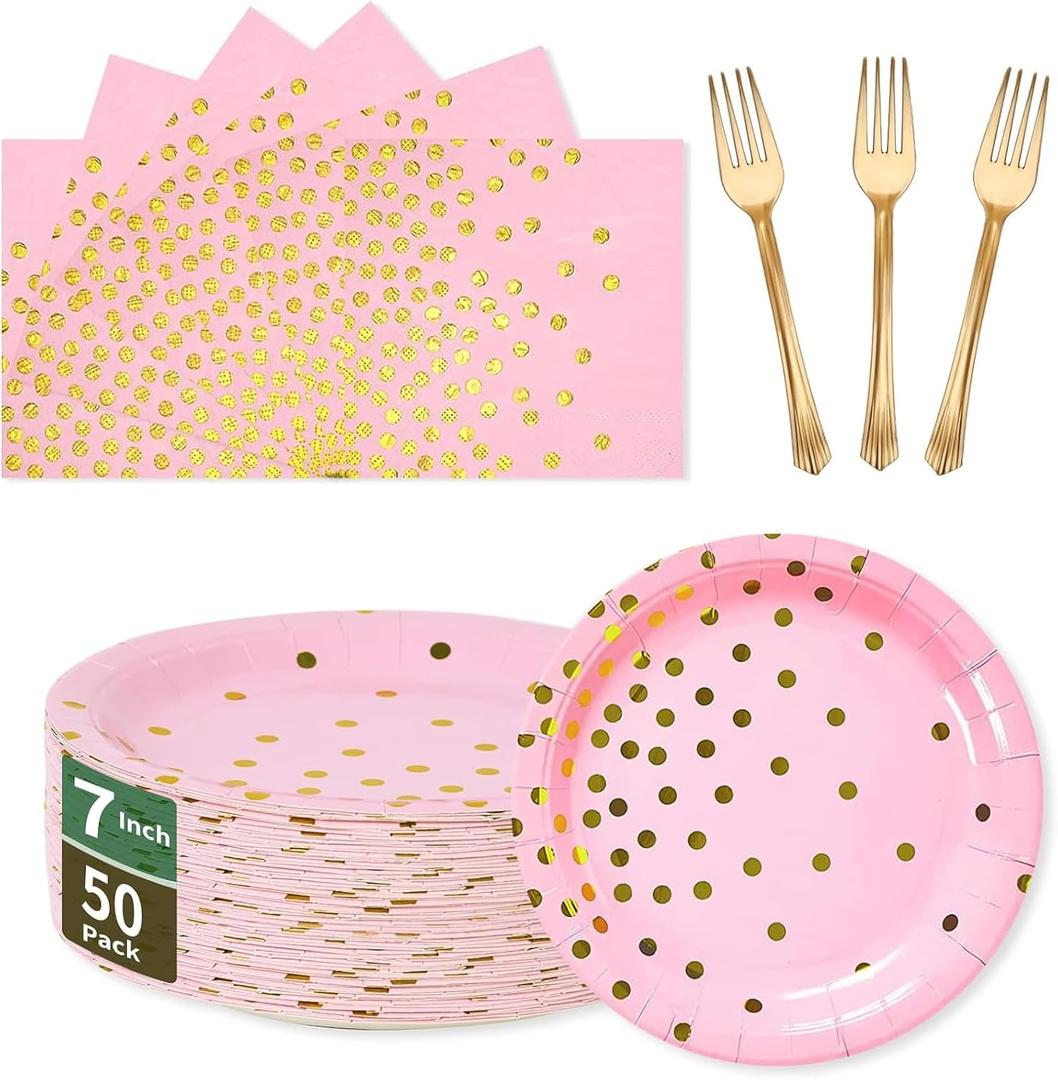 Pink Gold Paper Plates and Napkins Party Supplies- 50 x 7'' Dessert Plates & 50 x 6.5'' Napkins & 50 x 7.3'' Forks, Disposable Paper Tableware Set for Baby Showers, Birthday, Wedding, Anniversary