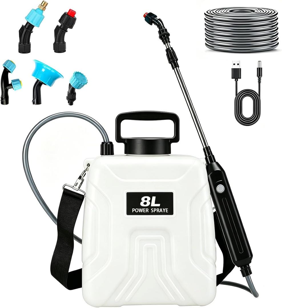 2 Gallon Battery Powered Sprayer, 2000mAh Electric Power White Continuous Battery Operated misting Retractable Long-Reach Metal Wand 5 Multi-Pattern Water attachments