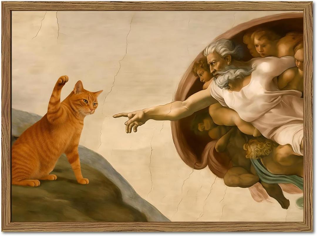 Funny Creation of Adam and Cat Wall Art, Whimsical Cat and God Wall Decor Painting Quirky Michelangelo and Animal Poster Canvas Print for Bedroom Living Room 12x16 inch Wood Framed