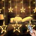 Hwangyd Star led Curtain String Fairy Lights  Plug in Indoor Ourdoor 12 Stars 138 LED Window Twinkle Hanging Lights with 8 Flashing Modes, Decorate for Bedroom Christmas Party Patio, Warm White