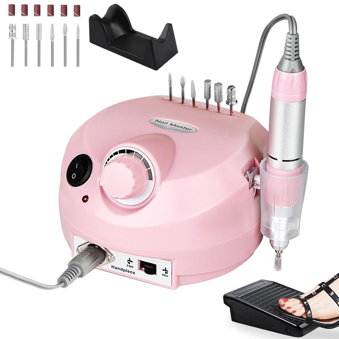 Professional Nail Drill with Foot Pedal Drill Bits Electric NailDrill Pink 30000RPM E-file Nail Drill for Acrylic Nails Nail Grinder for Gel Nails At Home Nail Salon Manicure Pedicure