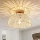Boho Ceiling Light Fixture Rattan Flush Mount Ceiling Light Bedroom Chandelier Hand-Woven Lamp Shade Wooden Base Small Chandelier Boho Ceiling Lamp for Hallway Nursery Kitchen (Cream white)