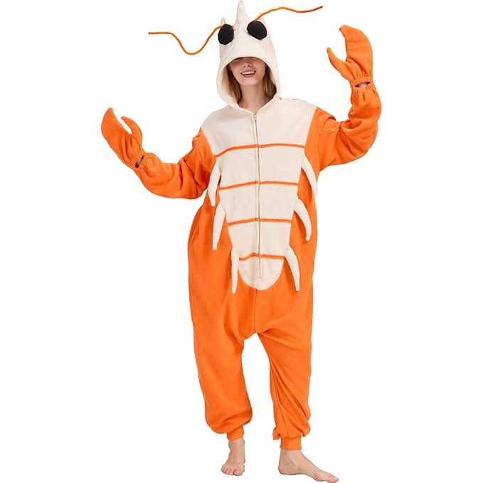 AIYOUYIYA Adult Shrimp Crayfish Onesie Costume  Fun Halloween Sea Crustacean Cosplay Pajamas for Men and Women