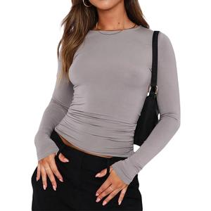 Long Sleeve Shirts for Women - Casual Y2K Printing Crop Tops Crewneck Slim Fit T-Shirt Tees (Gray, S)