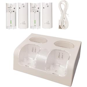 Wii Controller Charger Remote Charging Station for Wii Rechargeable Battery Pack for Nintendo Wii U Motion Plus Controller White (4 Pcs Batteries+USB Cable+Charger Station)