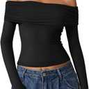 QINSEN Womens Off The Shoulder Tops Double Lined Long Sleeve T Shirts Slim Fitted Stretchy Crop Top (X-Small, Black)