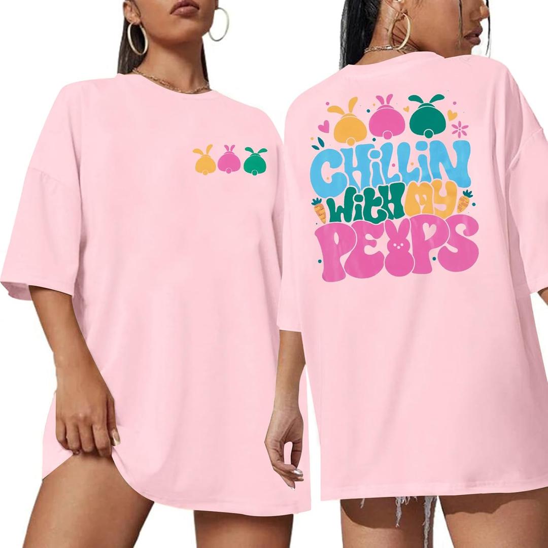 Easter Shirts Women Chillin' with My Peeps Shirt Oversized Cute Bunny Graphic Shirt Happy Easter Rabbit Short Sleeve Tee Tops, M
