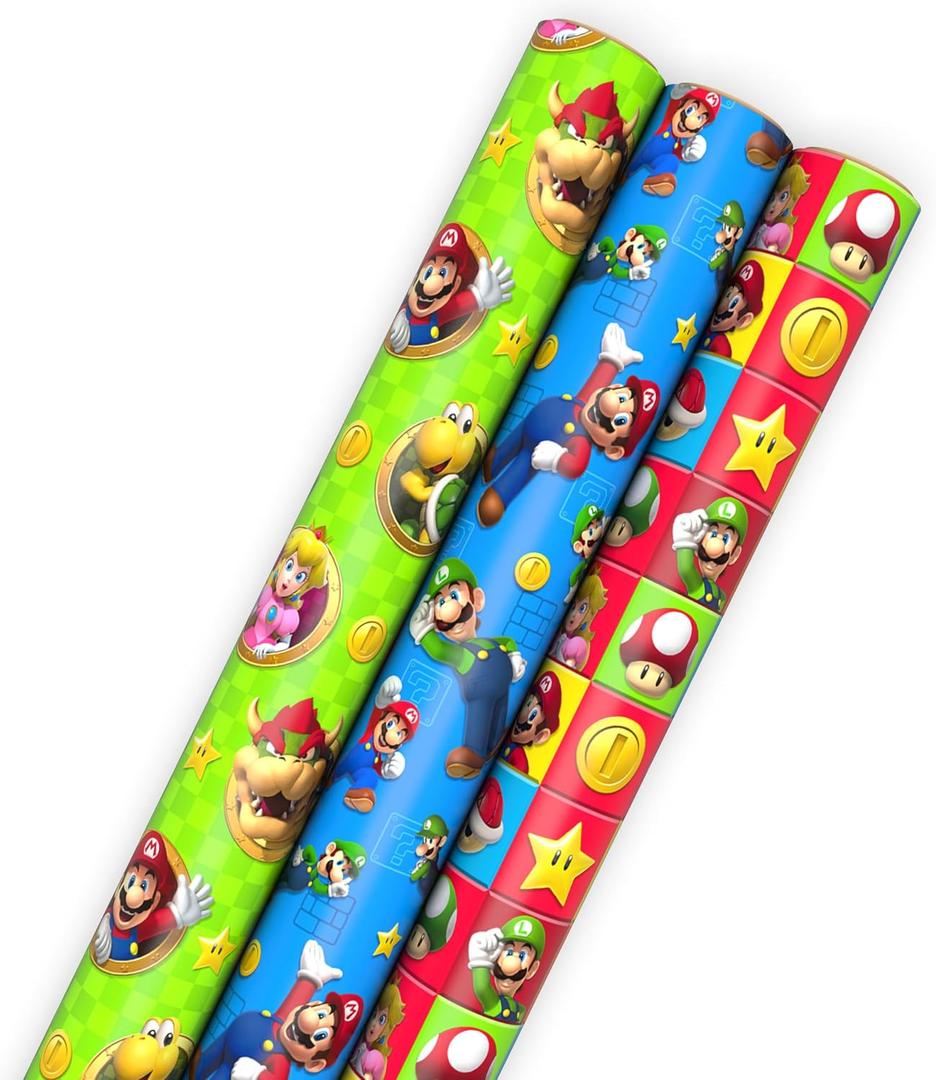 Hallmark Nintendo Super Mario Wrapping Paper Rolls for Kids with Cutlines on Reverse (3 Rolls: 60 Sq. Ft. Total) Mario, Luigi, Yoshi, Bowser, Princess Peach, Toad