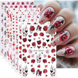 3 x 8Sheets Nail Stickers ins Valentine's Day Romantic Love Hot Air Balloon Rose Flower Heart Tree Nail Art Sticker 3D Self-Adhesive Nail Decals Valentine's Designs Manicure DIY Nail Decorations for Women