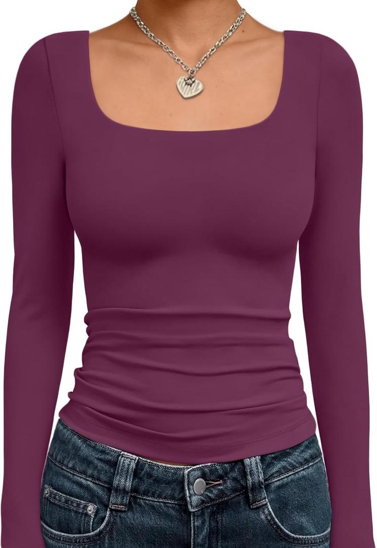 Trendy Queen Womens Long Sleeve Shirts Crop Tops Fall Fashion Solid Square Neck Going Out Basics Tees Y2k Clothes (X-Small, Mulberry)