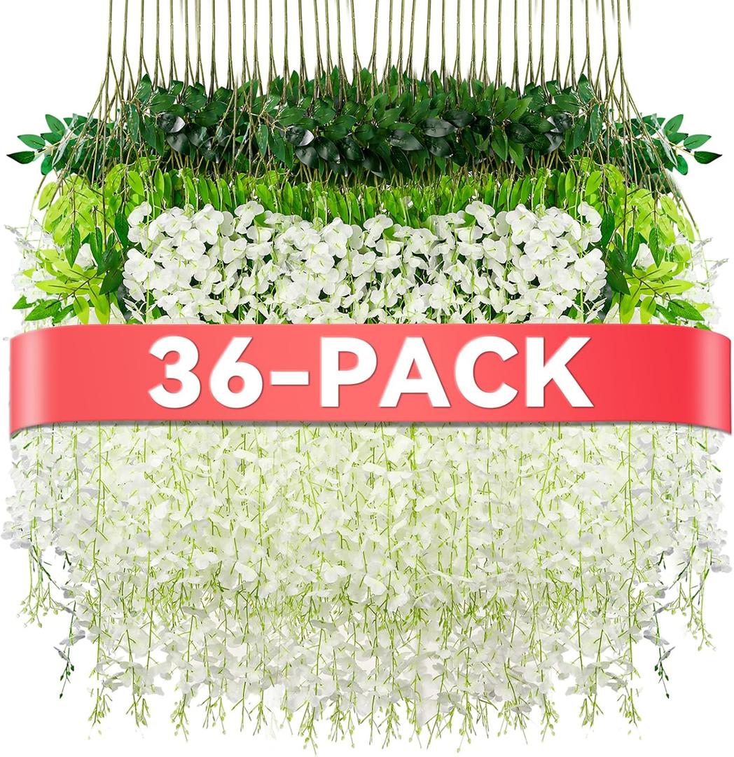 Alotiki Wisteria Hanging Flowers,36 Pack Fake Hanging Flowers, Wisteria Artificiales Garland for Home Wedding Arch Floral Party Garden Ceremony Outdoor Decor,3.6 Feet Long(36, White)