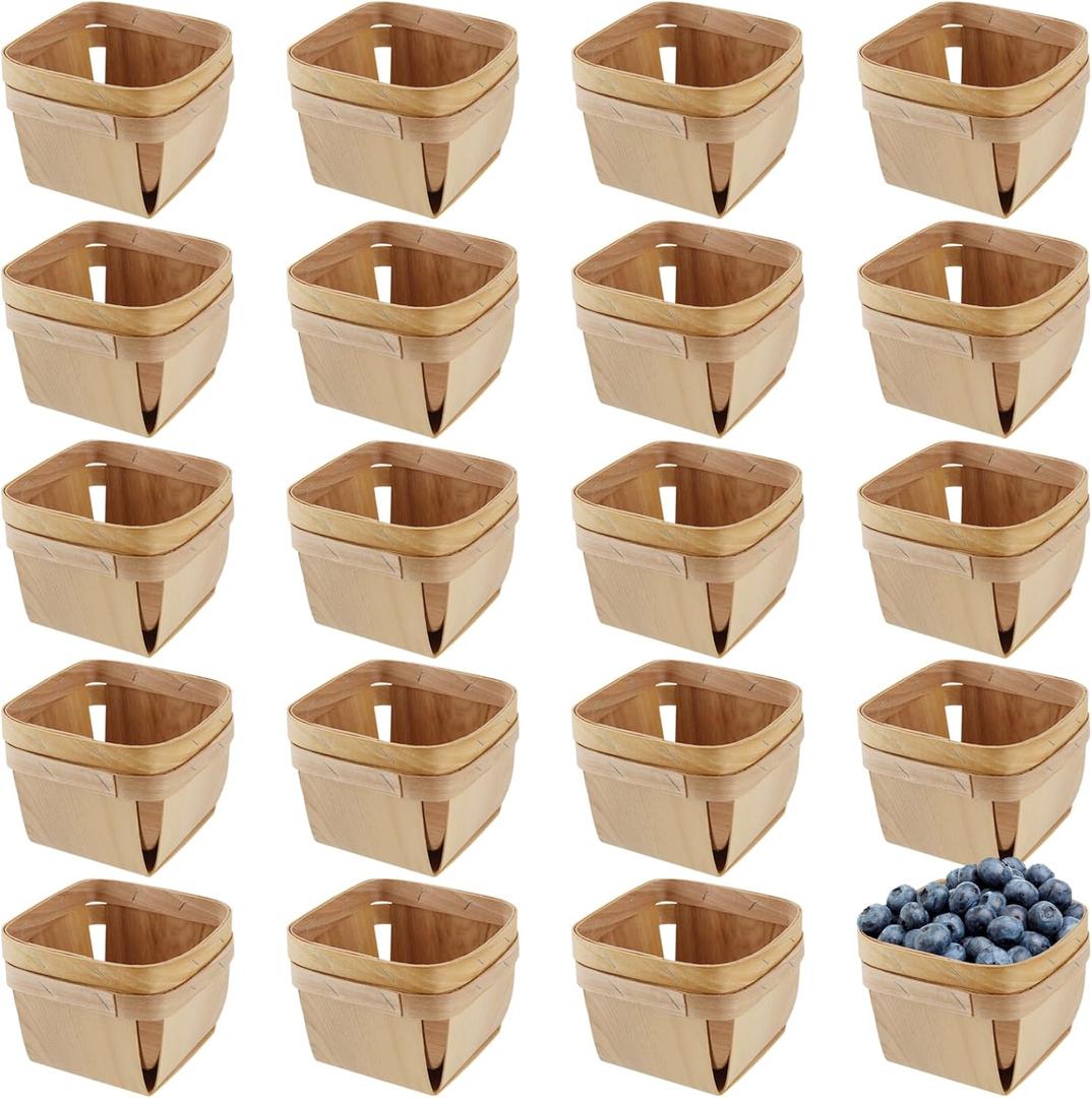 HAKZEON 20 PCS Square Wooden Berry Baskets, One Pint Berry Basket Bulk for Fruit Packing, Party Decorations, Craft and Gift Storage, 4.1 x 4.1 x 2.6 Inch