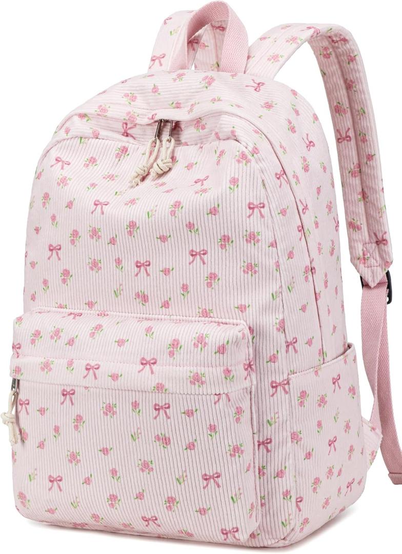 BTOOP School Backpack for Teens Large Corduroy Bookbag Lightweight Girls Boys Casual High School College 17 inch Laptop Travel Bag (Pink Bow Floral-1)